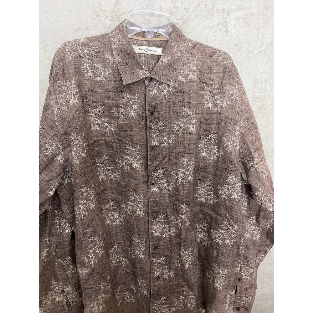Tommy Bahama Men's Linen Brown Floral Hawaiian Camp Button Down Shirt Size XL